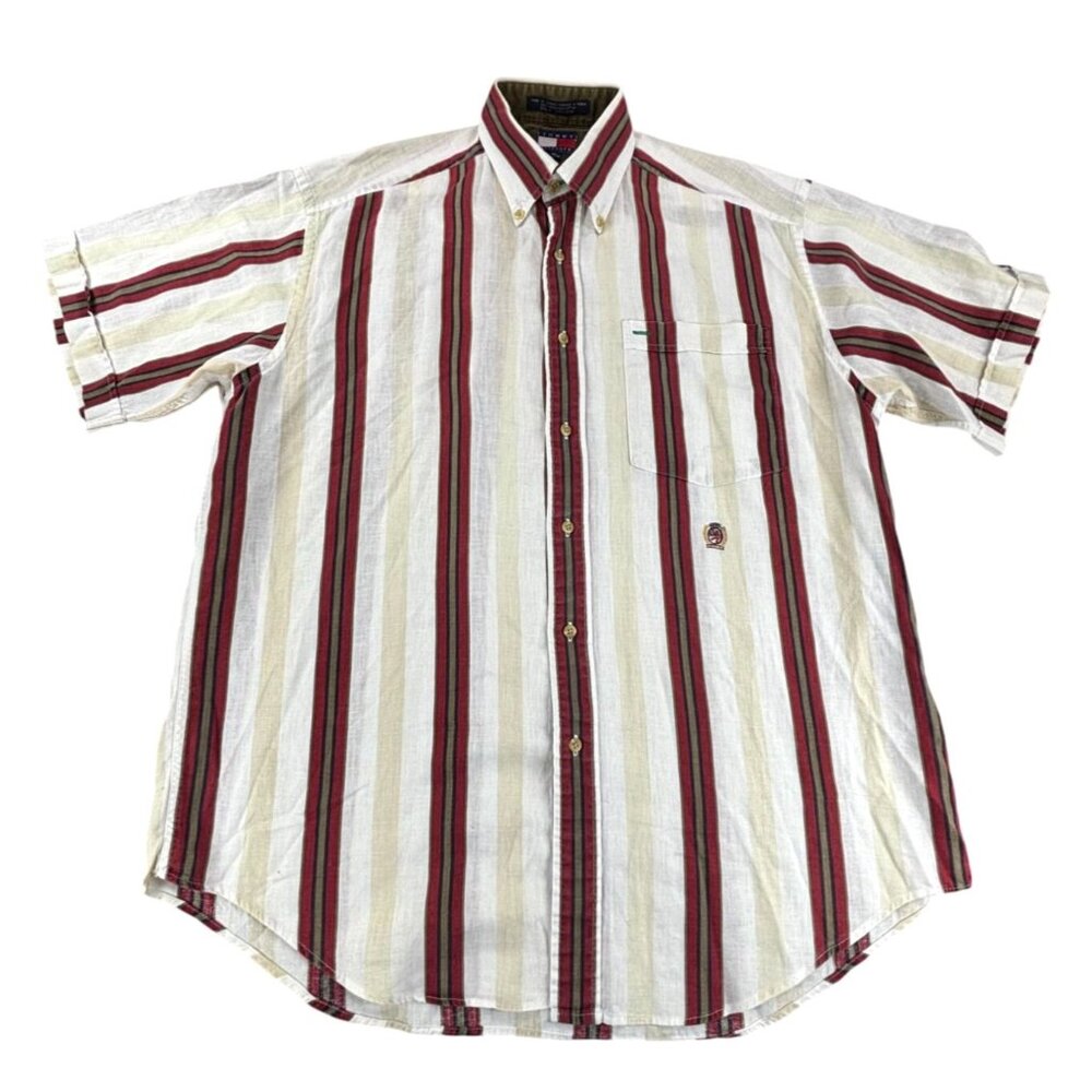 Vintage 90s Tommy Hilfiger Mens M Linen Blend Striped Color Block Button Shirt